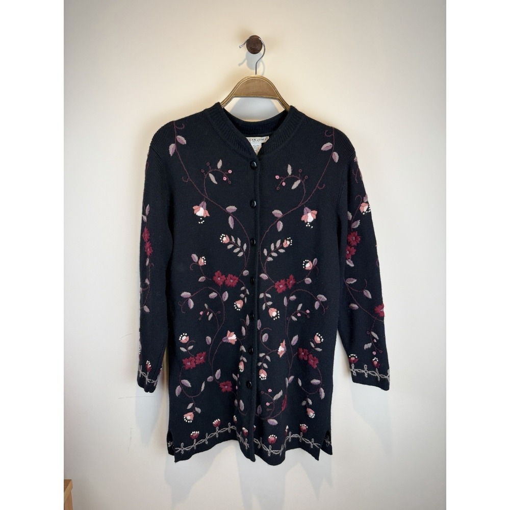 Jillian Jones Floral Embroidered Cardigan Womens Size PM Black Wool Longline Y2K